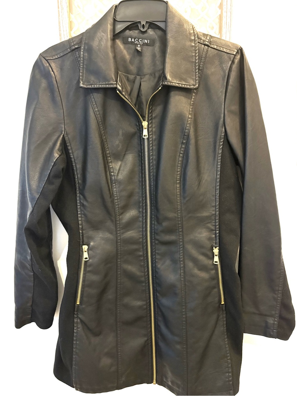 Baccini Black Leather Zip-Front Jacket with Gold Zippers